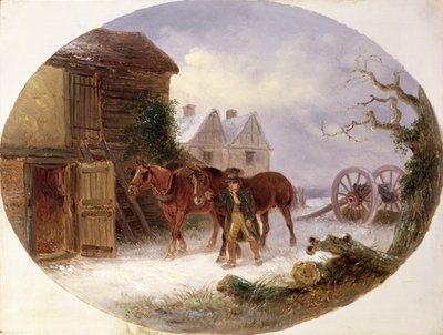 Jongen leidt paarden naar een schuur in de sneeuw door Thomas Smythe